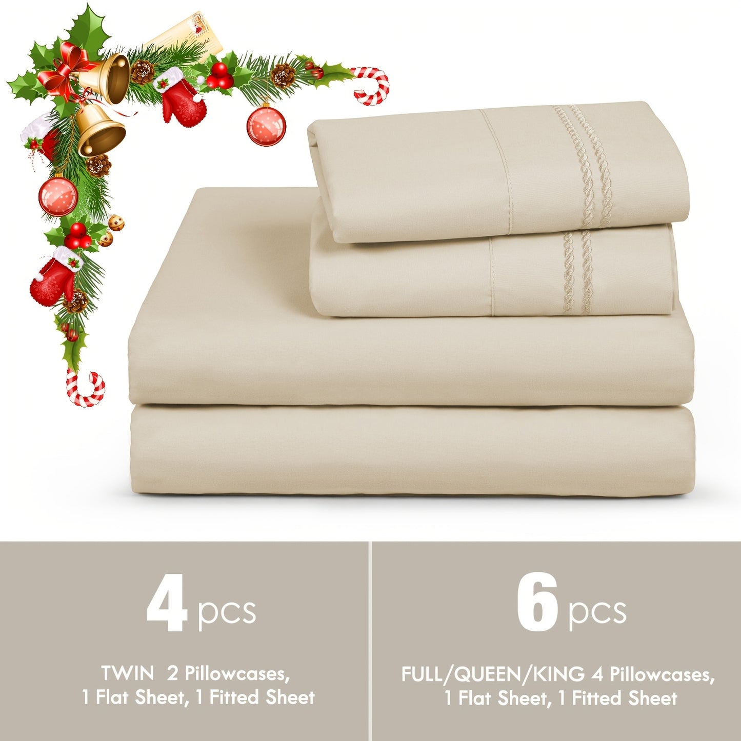 ClevaHome 6pcs Sheet Set Deep Pocket- Ultra Soft Machine Washable Luxury Bed Sheet Set - Shrinkage & Fade Resistant Embroidered Bedding Sheet, Christmas Bedding Supplies Replacement (4PCS for TWIN Size Sheet)