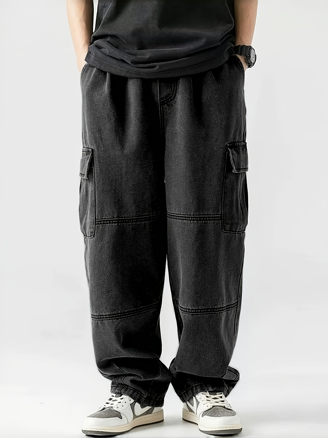 Cargo Jeans For Men Multi Pockets Elastic Waist Denim Casual Streetwear Comfort Pull On Jeans Menswear Pants Soft Denim