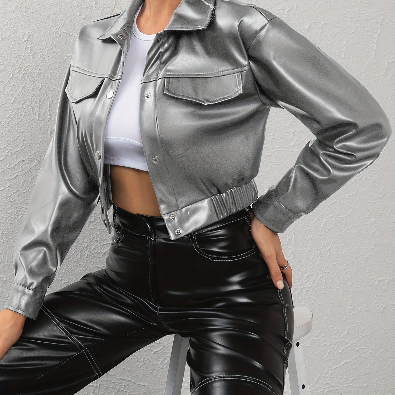 Chic Solid Faux Leather Cropped Jacket - Soft Touch, Turn Down Collar, Button Up, Long Sleeve - Perfect Casual Outerwear for Women