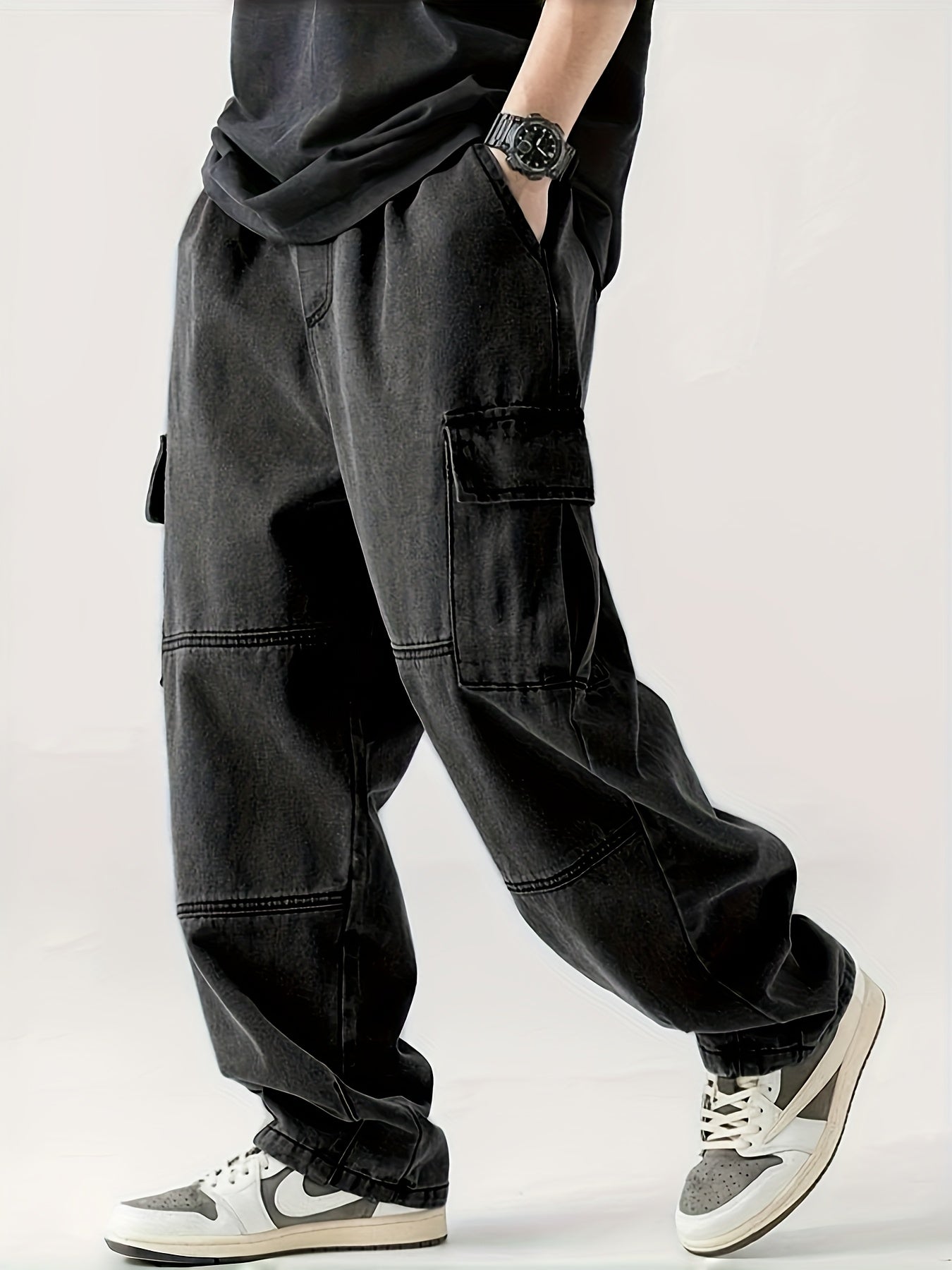 Cargo Jeans For Men Multi Pockets Elastic Waist Denim Casual Streetwear Comfort Pull On Jeans Menswear Pants Soft Denim