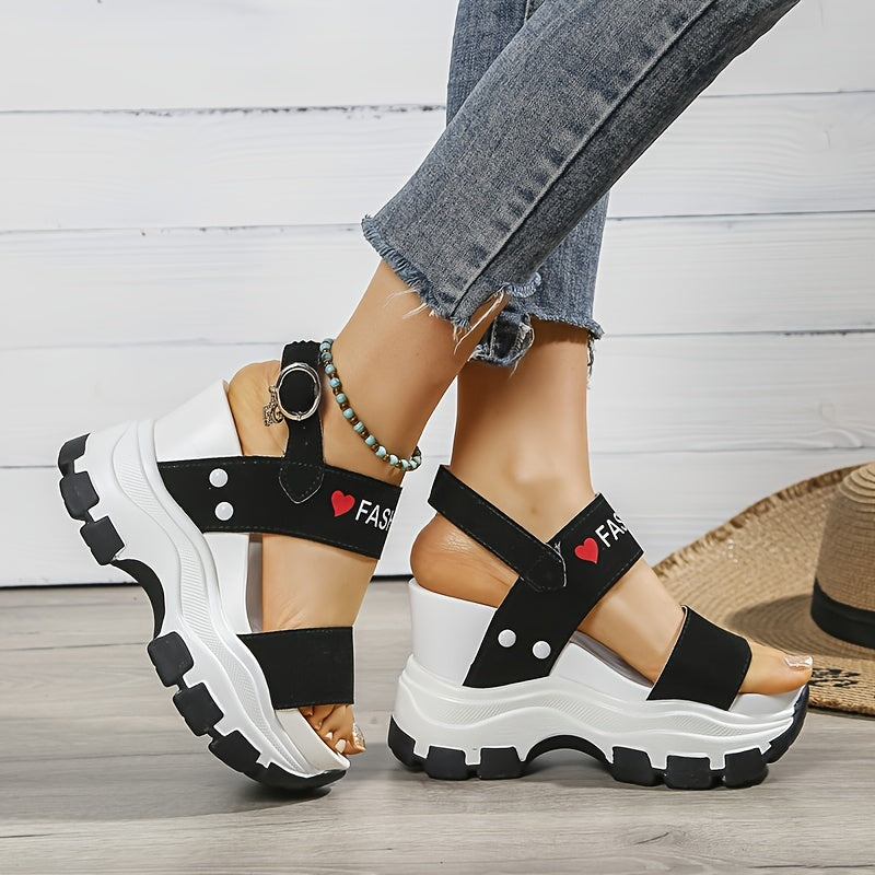 Casual Elegance Open-Toe Wedge Sandals, Solid Color with Strappy Back & Metal Buckle, Comfortable Platform Heel Fashion Footwear for Women