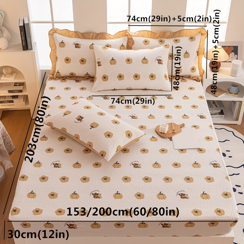 Breathable Quilted Bed Sheet Set with Ruffles - Cartoon Pumpkin Print, Polyester, Machine Washable, Includes Fitted Sheet, 4 Pillowcases with Frills & Smooth Texture, All-Season Comfort - Fits Mattress up to 12 Inches