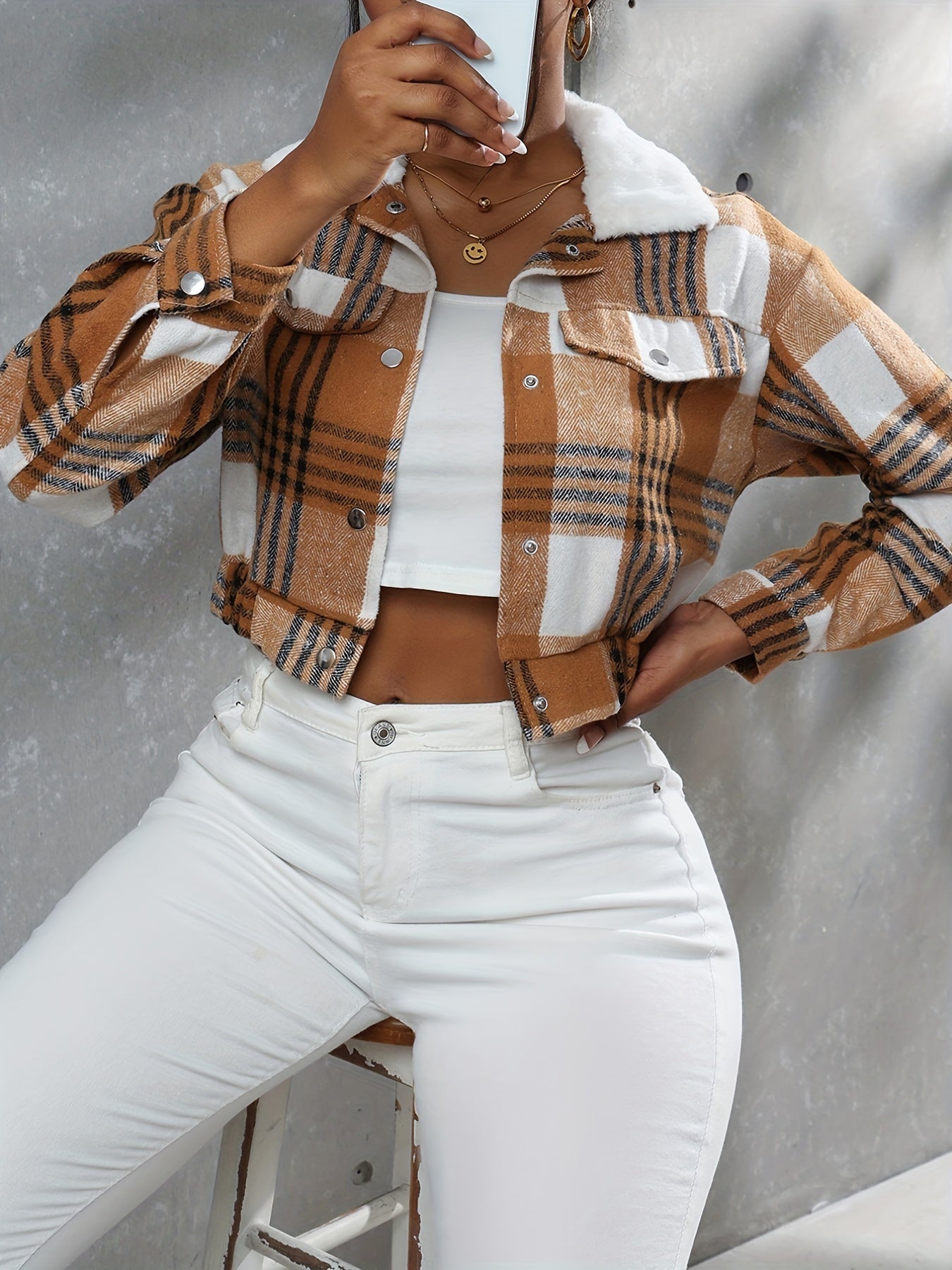 Button Plaid Faux Fur Collar Jacket, Casual Long Sleeve Crop Jacket For Fall & Winter, Women's Clothing