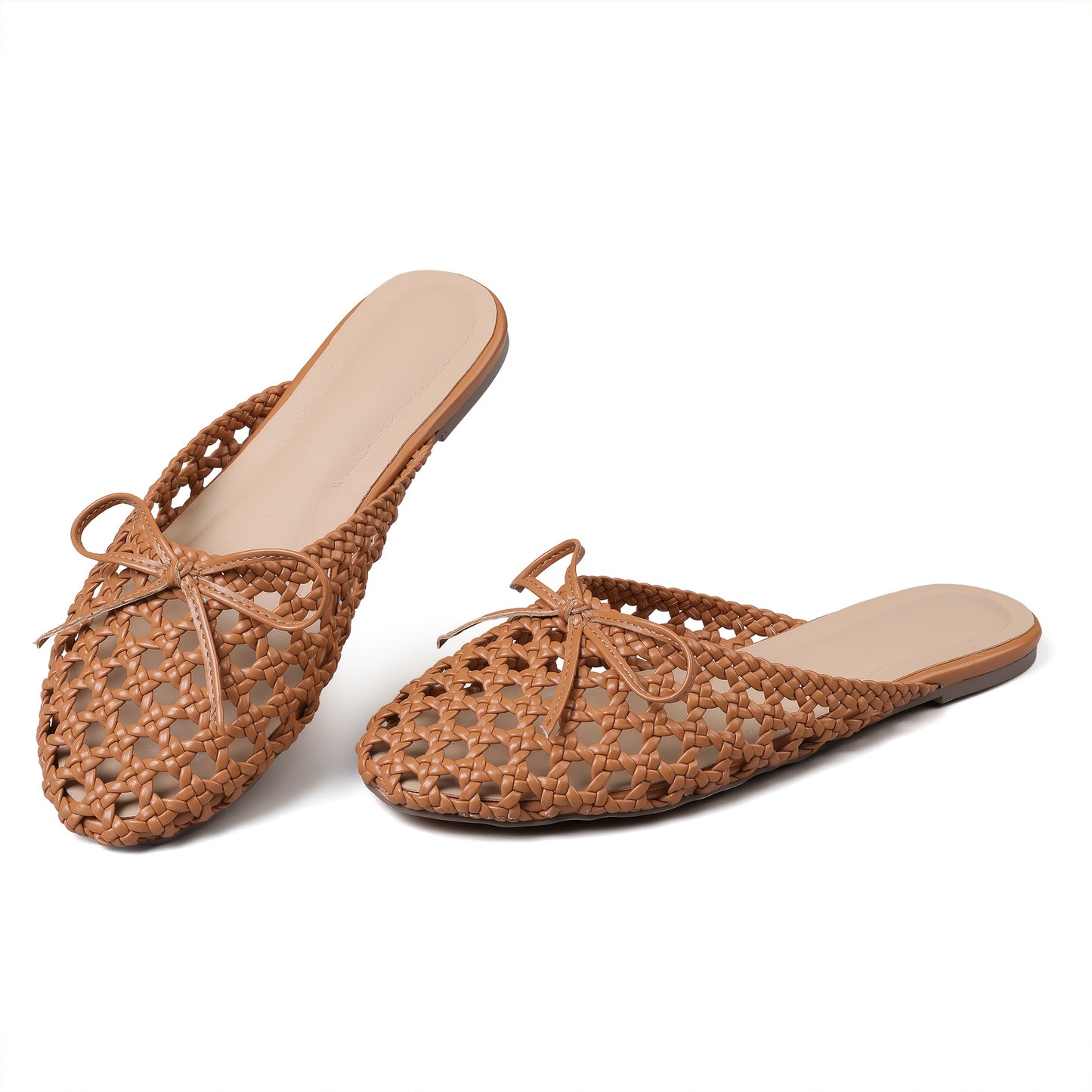 Trendy Womens Flat Sandals Round Toe Woven Design Decorative Bow Knot Slip On Flat Womens Muls for Party Work Office Outing Casual Sandal