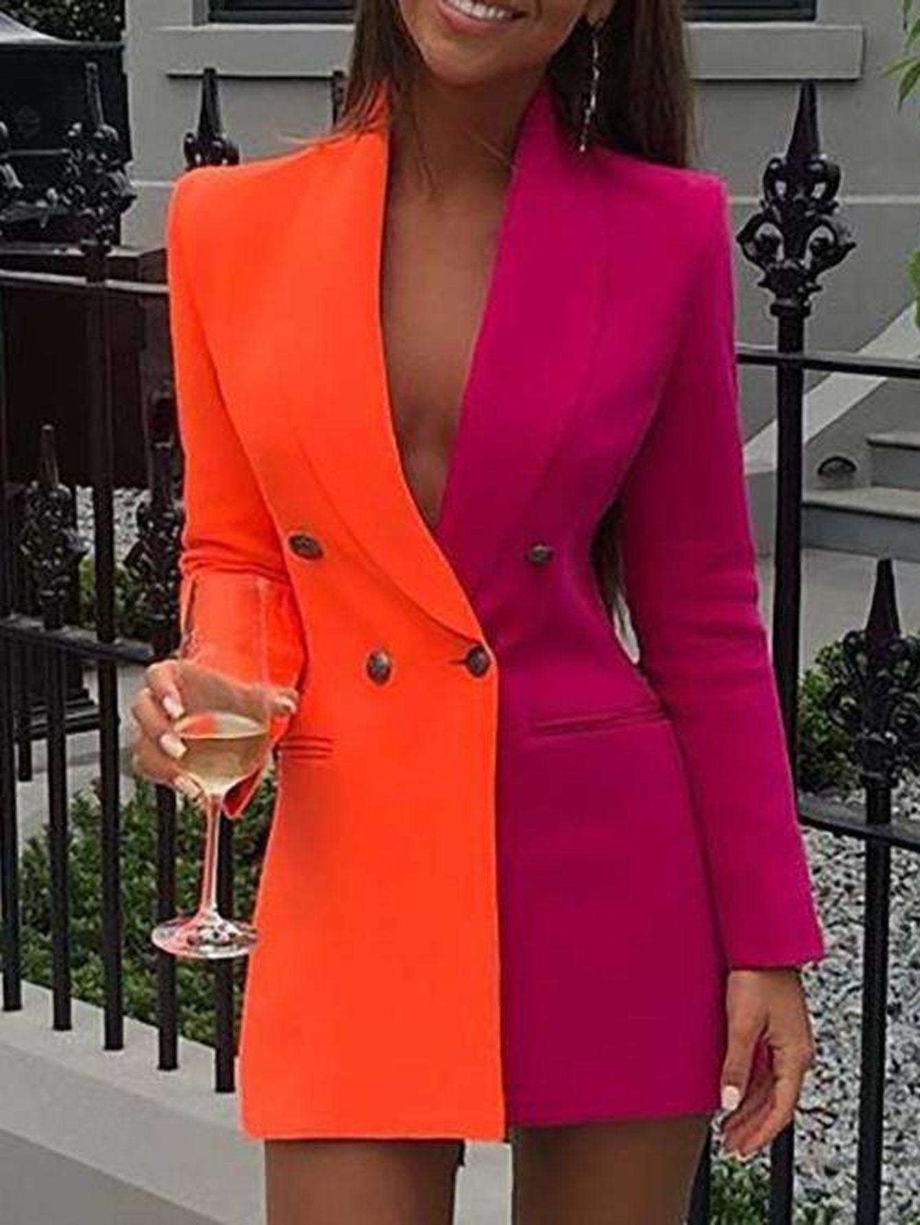 Colorblock Patchwork Long Sleeve Blazer Dress Women Colorblock Casual Long Suits Jackets Turn Down Collar Double Breasted OL Work Bodycon Blazer Dress