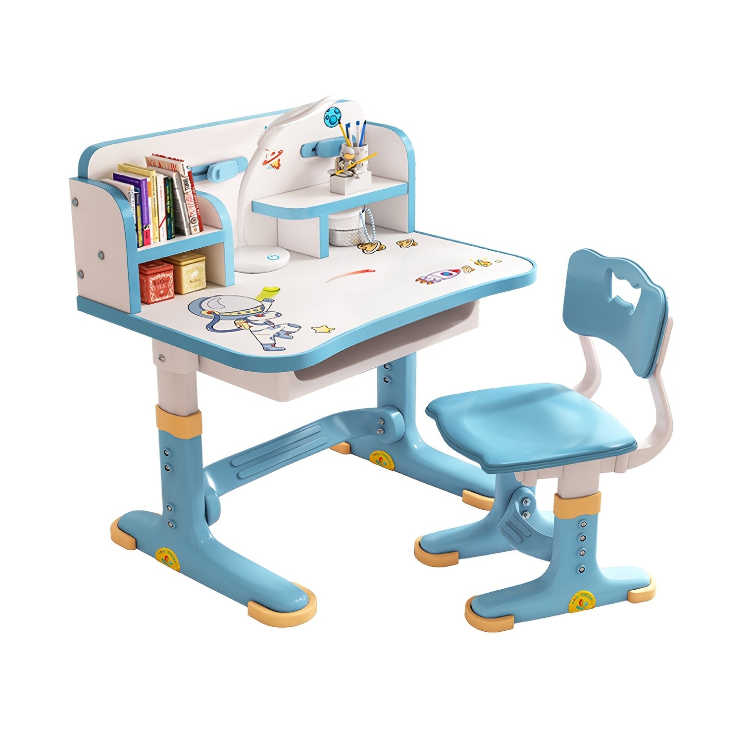 2 Piece Set 41.37*28.57*19.11 inch Multi Bookcase Wider Desktop Table and Chair Set Cartoon Pattern Children Adjustable Height Study Drawer Table with Chair Set