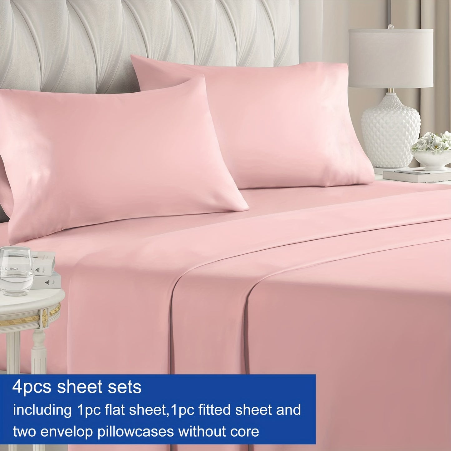 Luxury 4-Piece Bed Sheet Set with Deep Pockets - 100% Polyester Solid Color, Includes 1 Flat Sheet, 1 Fitted Sheet, and 2 Pillowcases - Machine Washable, Sanded Craftsmanship, All-Season Comfort