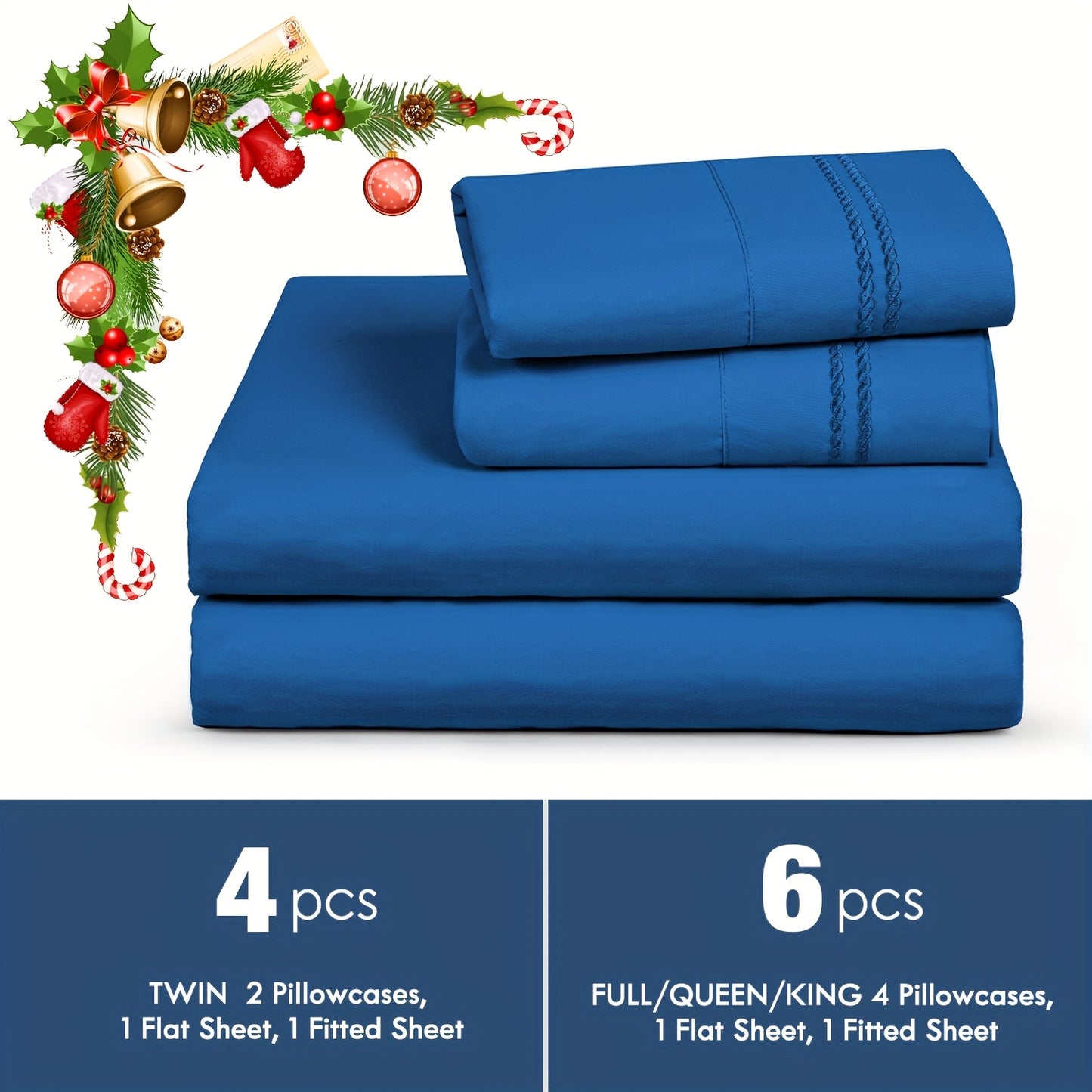 ClevaHome 6pcs Sheet Set Deep Pocket- Ultra Soft Machine Washable Luxury Bed Sheet Set - Shrinkage & Fade Resistant Embroidered Bedding Sheet, Christmas Bedding Supplies Replacement (4PCS for TWIN Size Sheet)