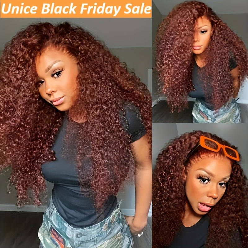 UNICE 24 inch Jerry Curly Reddish Brown Pre Plucked Pre Cut Lace Wig - 13x4 Ear to Ear Lace Front Wigs Human Hair Glueless Frontal Wig - Bleached Knots Put on and Go