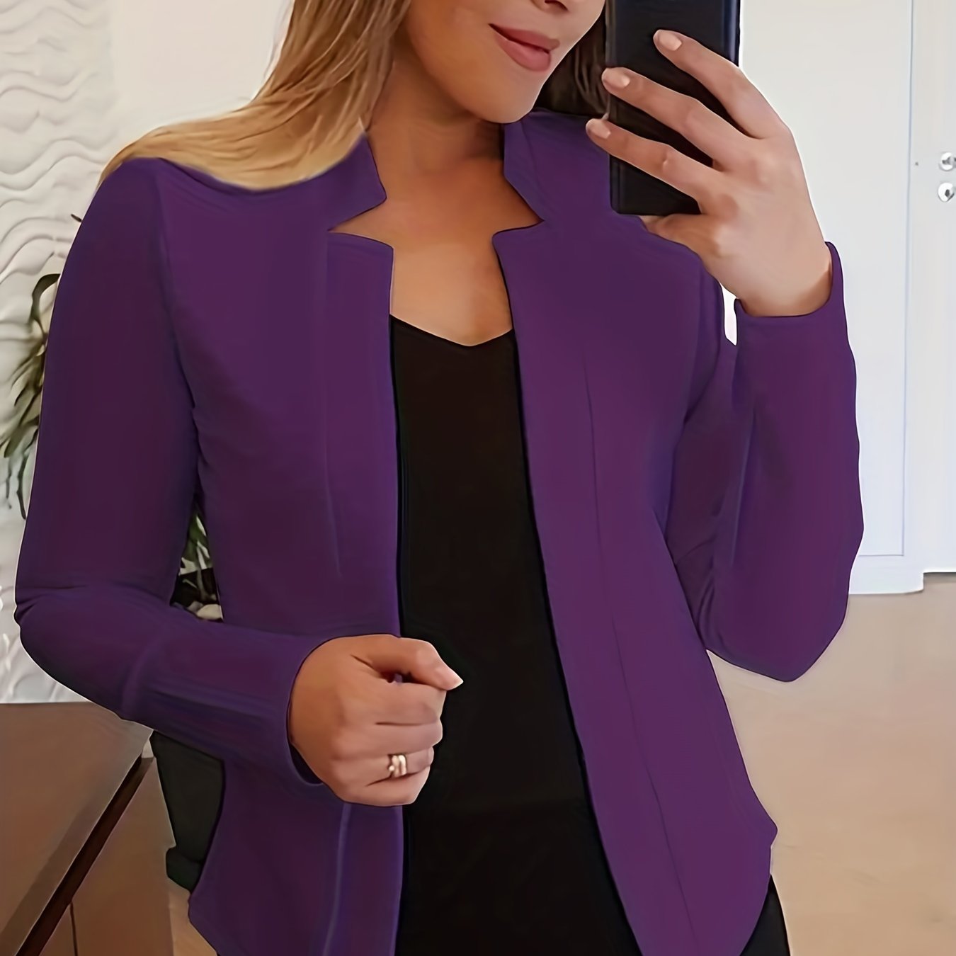 [Everyday Comfort] Women's Elegant Solid Color Polyester Blazer - 95% Polyester, 5% Spandex Knit Fabric, All-Season Stand Collar Jacket for Adults