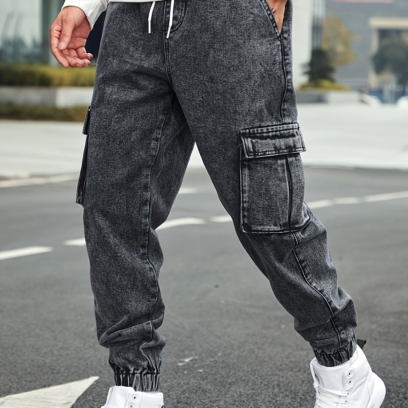 Cargo Jeans For Men Multi Pockets Elastic Waist Denim Casual Streetwear Comfort Pull On Jeans Menswear Pants Soft Denim