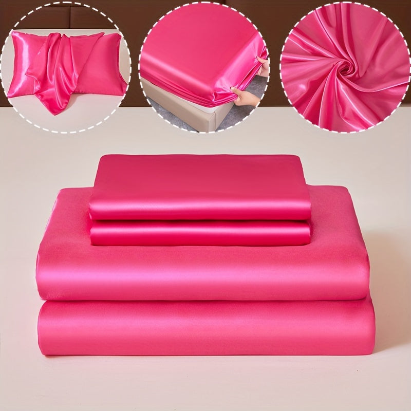 3pcs 100% Polyester Satin Bed Sheet Three-Piece Set [1 Sheet 2 Pillowcase (Coreless)] Skin-friendly Soft And Silky Fabric Student Dormitory Daily Home Bedding Mattress Protector All Year Round Machine Washable No Shrinkage No