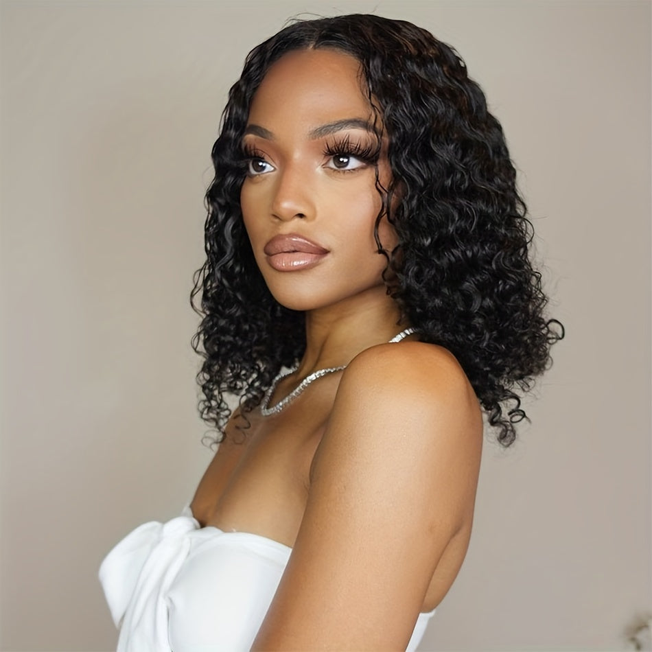 Glamorous Deep Wave Brazilian Human Hair Wig for Women - Glueless 4x4 Transparent Lace Frontal, Pre-Plucked, Free Part, 150% Density, Natural Black