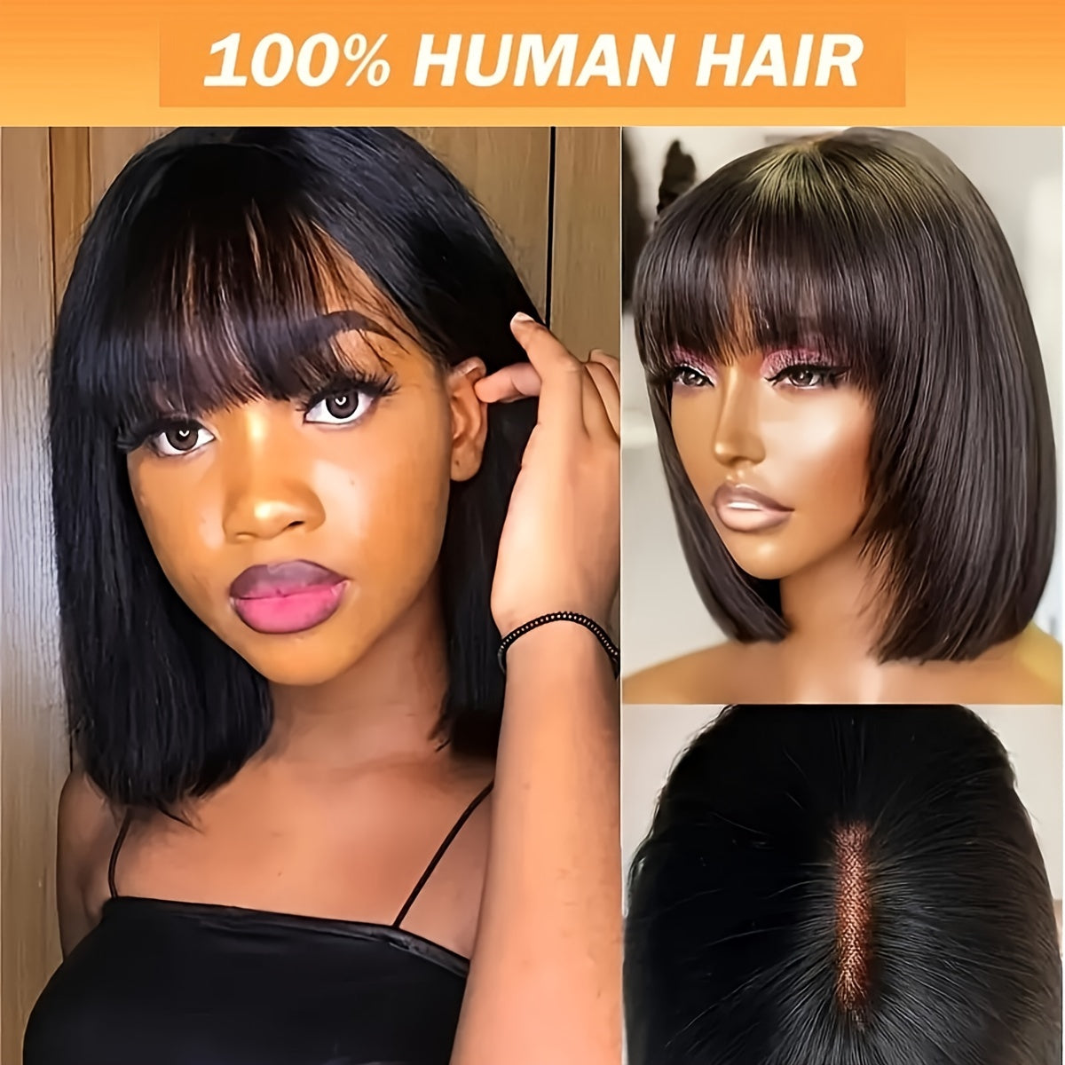 Women's Glueless Bob Wig with Bangs - Natural Black Human Hair, 150% Density (2x1 Ratio), Brazilian Hair, No Glue Needed, Adjustable Bangs & Pre-Plucked Front with Baby Hair, Everyday & Special Occasion Hairstyle - Suitable f