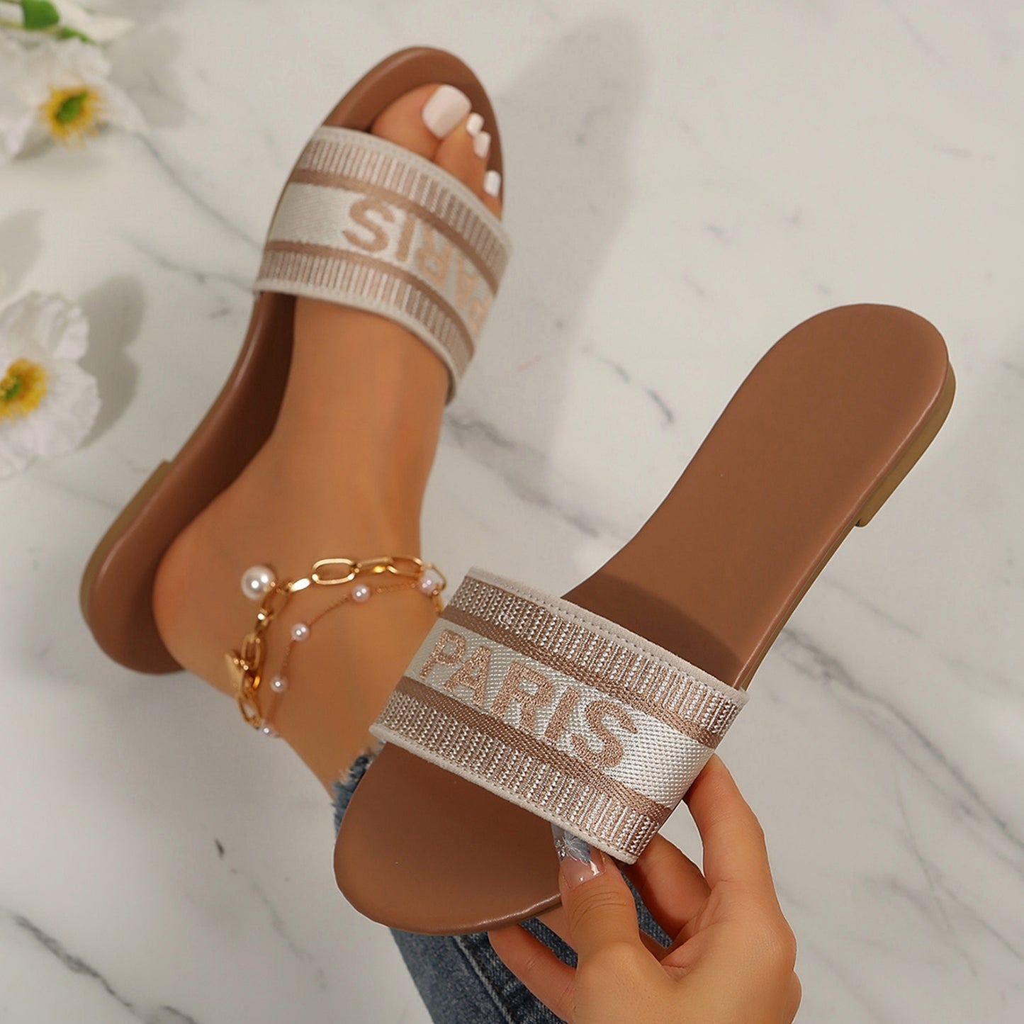 Female Sandal Slipperssoft Bottom Outside Wear Summer New Embroidery Letters Slippers Holiday Beach One Word Slippers