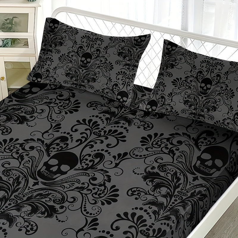 3PCS Bed Sheet Set (1 Bed Sheet + 2 Pillow Cases) - Home Dormitory High Definition Skull Black & Gray Floral Print