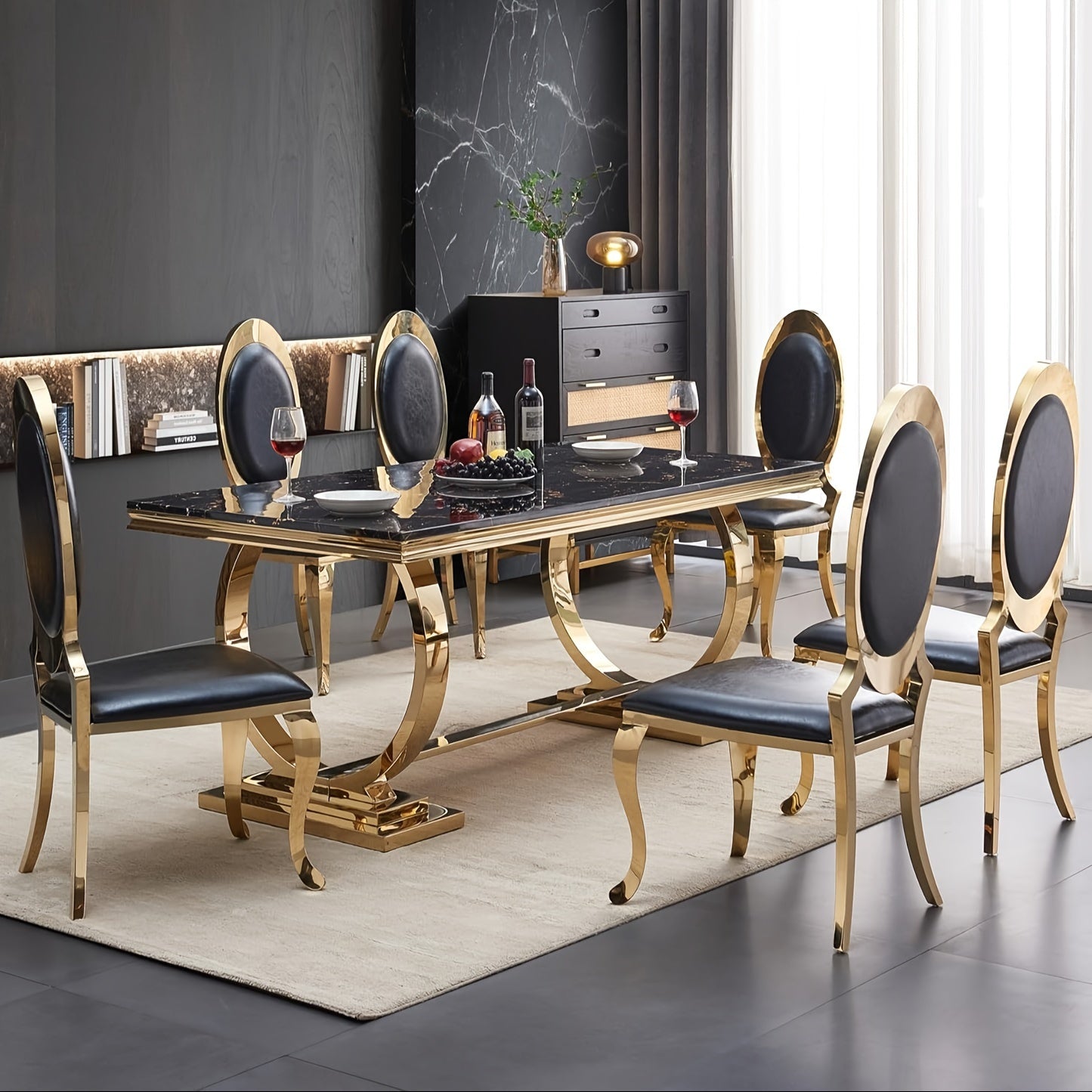 7-piece Luxury Dining Table And Chair Set, 70-inch Faux Marble Table With 6 Leather Chairs | Modern Dining Table Set For Kitchen, Restaurant And Hotel