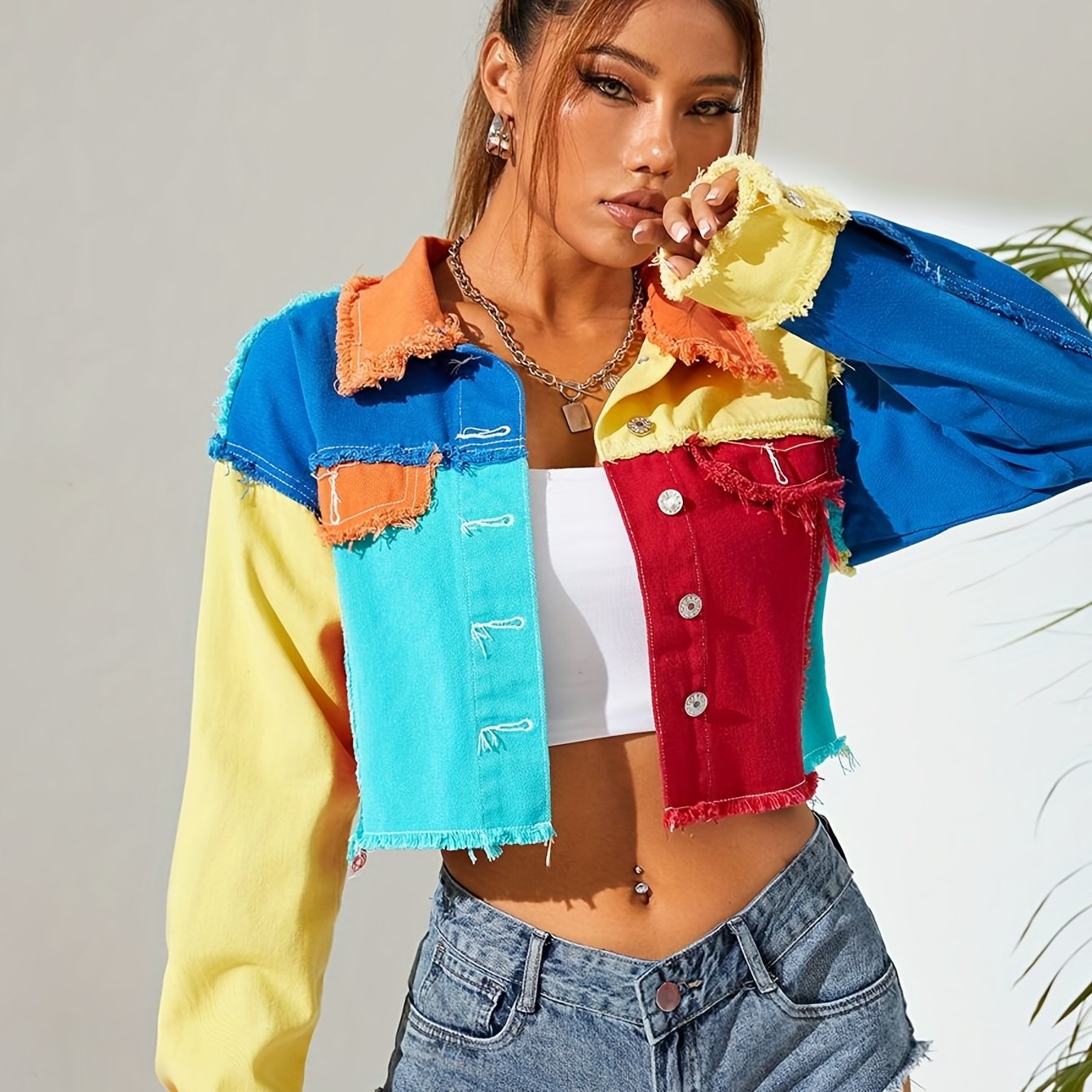 Women's Colorblock Raw Hem Denim Jacket - Street Style Lapel Coat with Long Sleeves and Patchwork Design