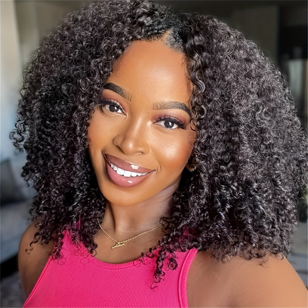 Kinky Curly V Part Lace Wig Human Hair Curl Brazilian Virgin Human Hair Wigs For Women V Part Wig V Shaped No Leave Out Glueless 180% Density 16 Inch