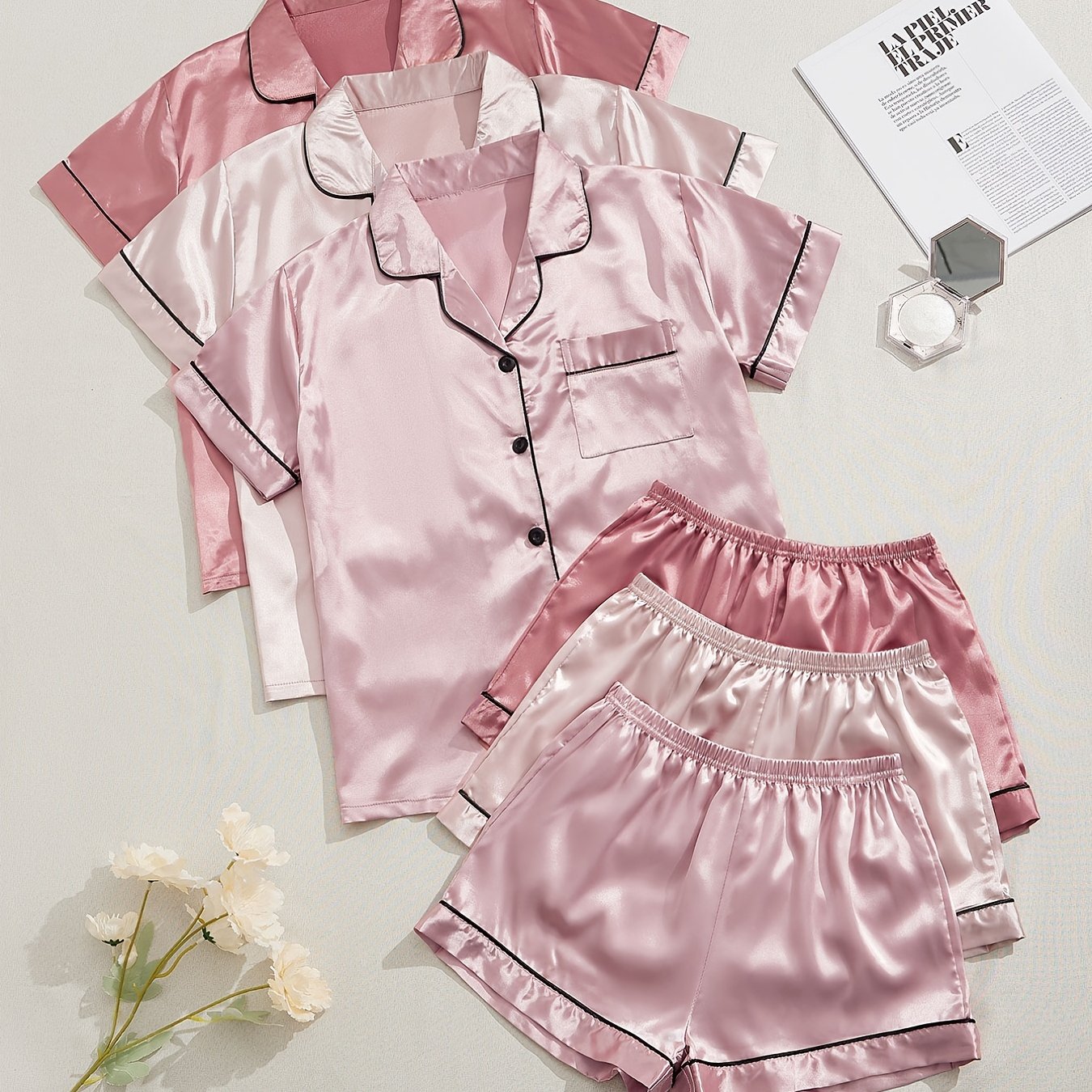 3 Sets of Luxurious Satin Pajama Sets - Soft Short Sleeve Lapel Tops, Elastic Waistband Shorts for Comfortable Women's Sleepwear and Loungewear - Perfect for Relaxation and Leisure Activities