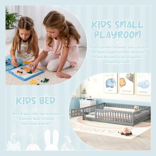 Full Size Bed Floor Bed With Safety Guardrails And Door For Kids, Gray