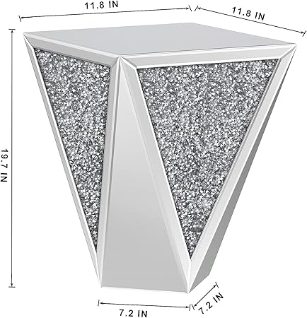 Mirrored End Table Crystal Diamond Setting Coffee Table Silver Glass Side Table Pedestal Stand For Hallway, Living Room,