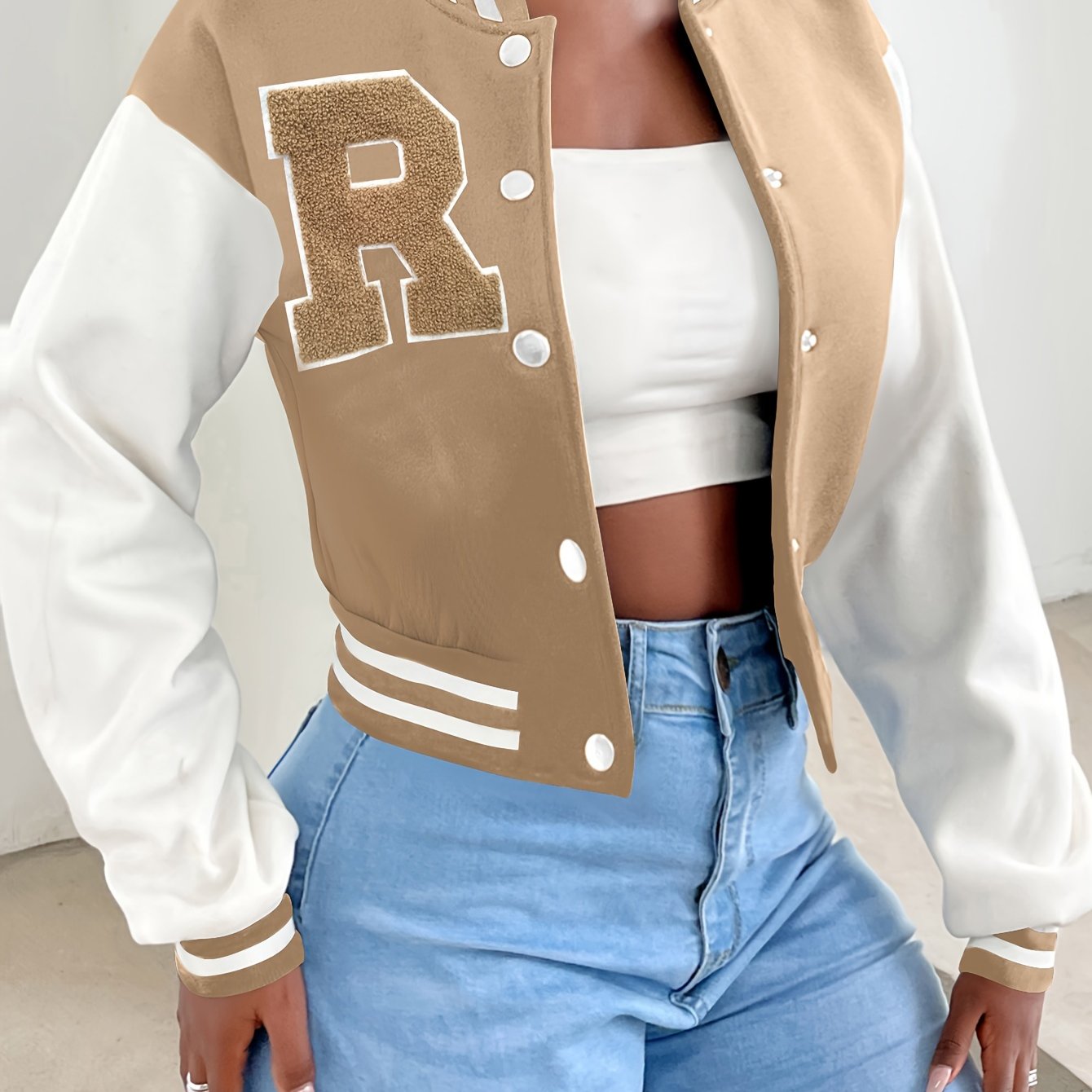 R Pattern Button Up Crop Bomber Jacket, Preppy Long Sleeve Jacket For Fall & Winter, Women's Clothing