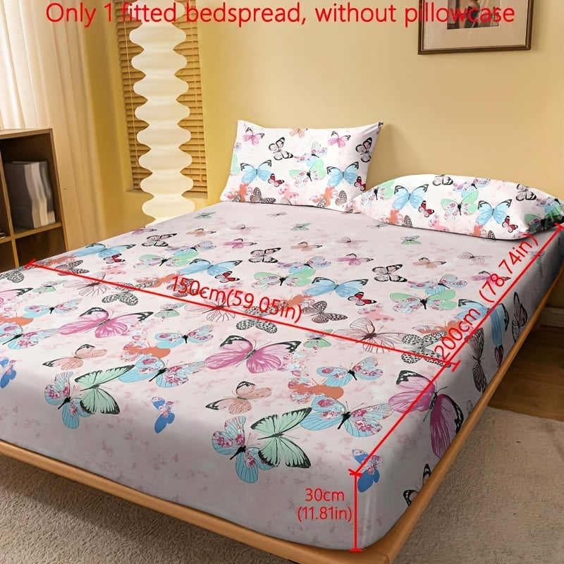 1pc Brushed Fitted Sheet, Soft Comfortable Butterfly Floral Print Bedding Fitted Sheet, For Bedroom, Guest Room, With Deep Pocket, Fitted Bed Sheet Only, Without Pillowcase