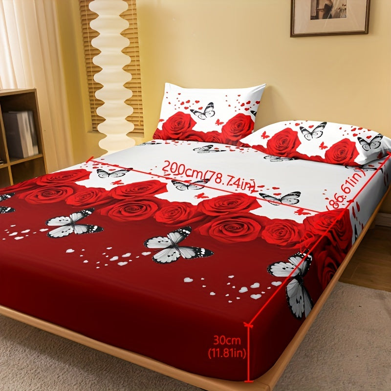 1pc Brushed Fitted Sheet (Without Pillowcase), Soft Comfortable Butterfly Red Rose Print Bedding Mattress Protector, For Bedroom, Guest Room, With Deep Pocket, Fitted Bed Sheet Only