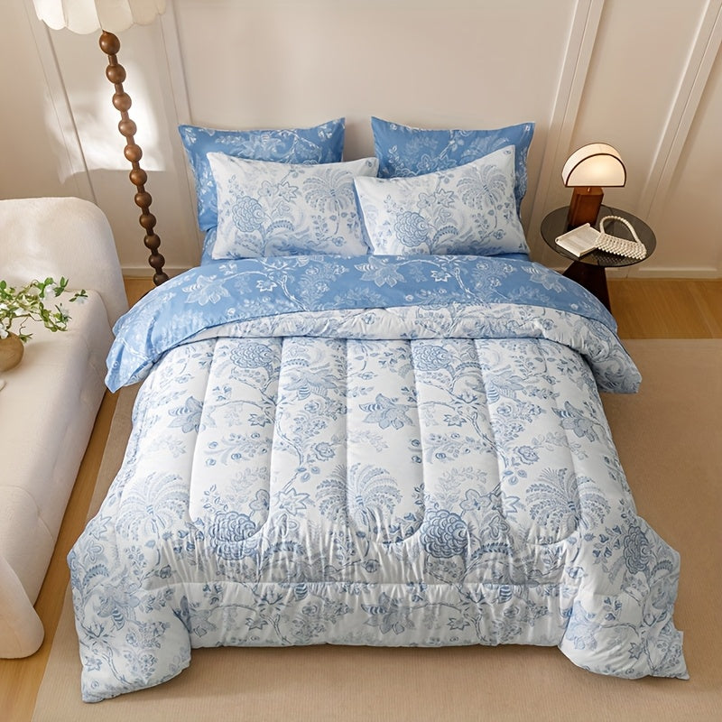 7pcs Blue Flower Plant Design Two-sidedlarge Sizeextra Large Quilt Set (1 Quilt +1 Bed Cap +1 Bed Sheet +4 Pillowcase Without Pillow Core), Contains Padding 180gsm Quilting Soft Ventilate The Four Seasons Apply Bedroom Dormit