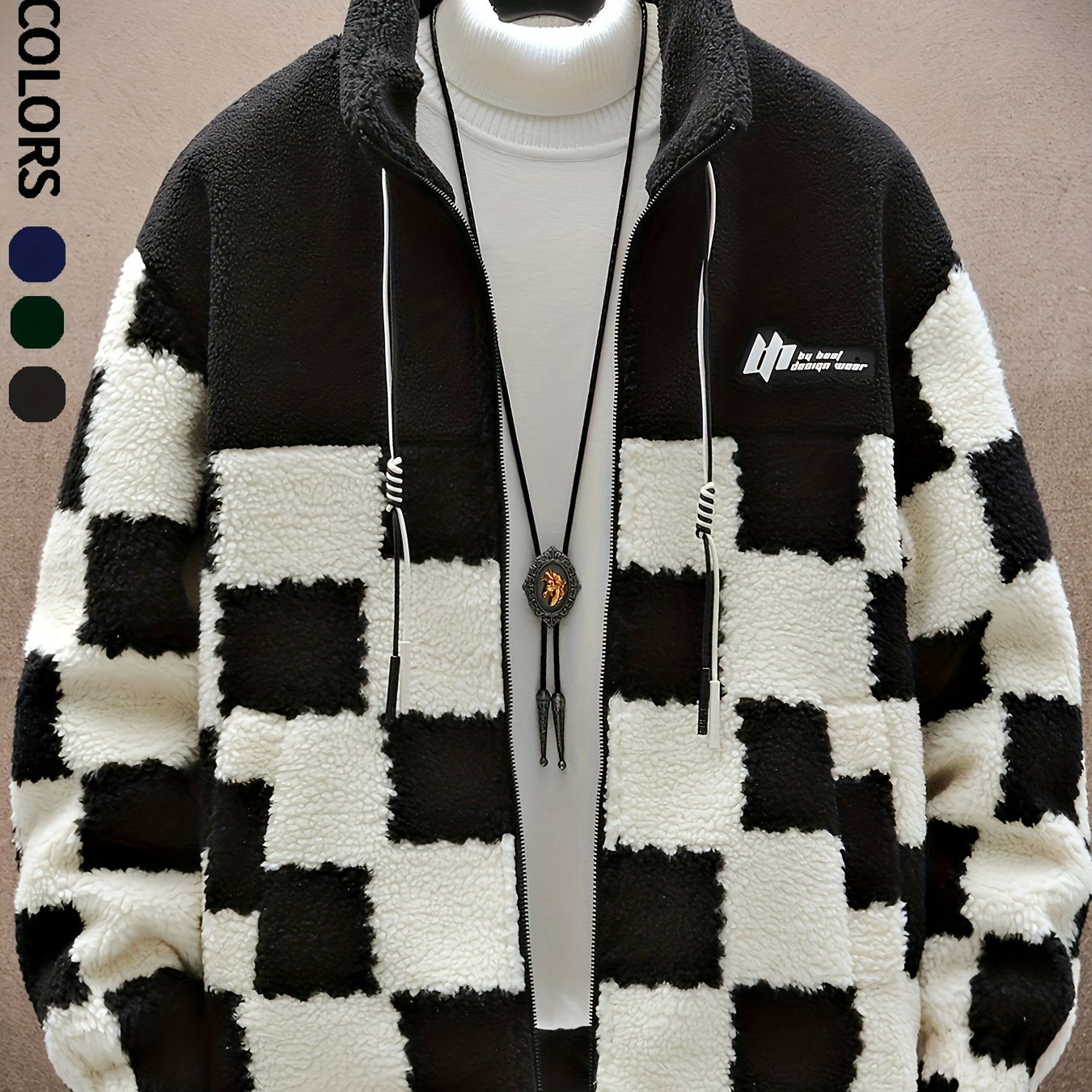 [Plush Winter Coat] Blue & White Plush Checkered Winter Coat | Men's Loose Fit, Stand Collar, Zip-Up Jacket with Drawstring Hood, Casual Style for Fall/Winter