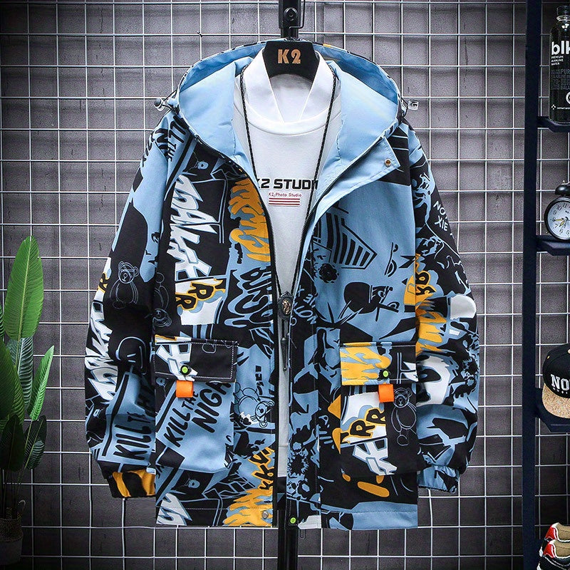 Spring And Autumn Men's Fashion Graffiti Mid Length Windbreaker Popular Hooded And Handsome Men's Jacket Popular Versatile Men's And Women's Same Windbreaker Jacket