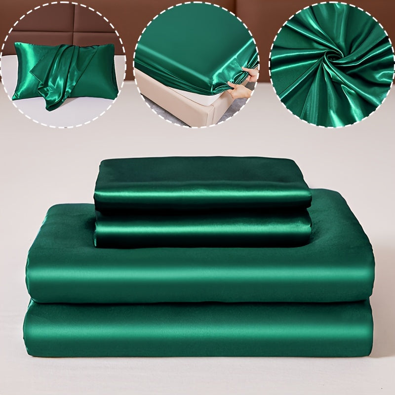 3pcs 100% Polyester Satin Bed Sheet Three-Piece Set [1 Sheet 2 Pillowcase (Coreless)] Skin-friendly Soft And Silky Fabric Student Dormitory Daily Home Bedding Mattress Protector All Year Round Machine Washable No Shrinkage No