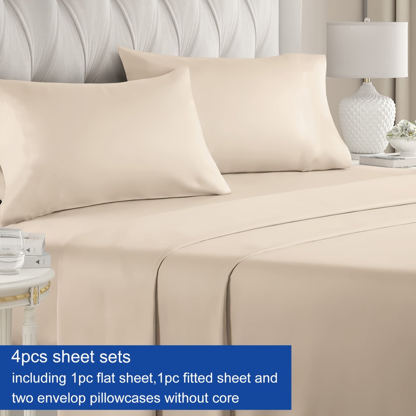 Luxury 4-Piece Bed Sheet Set with Deep Pockets - 100% Polyester Solid Color, Includes 1 Flat Sheet, 1 Fitted Sheet, and 2 Pillowcases - Machine Washable, Sanded Craftsmanship, All-Season Comfort