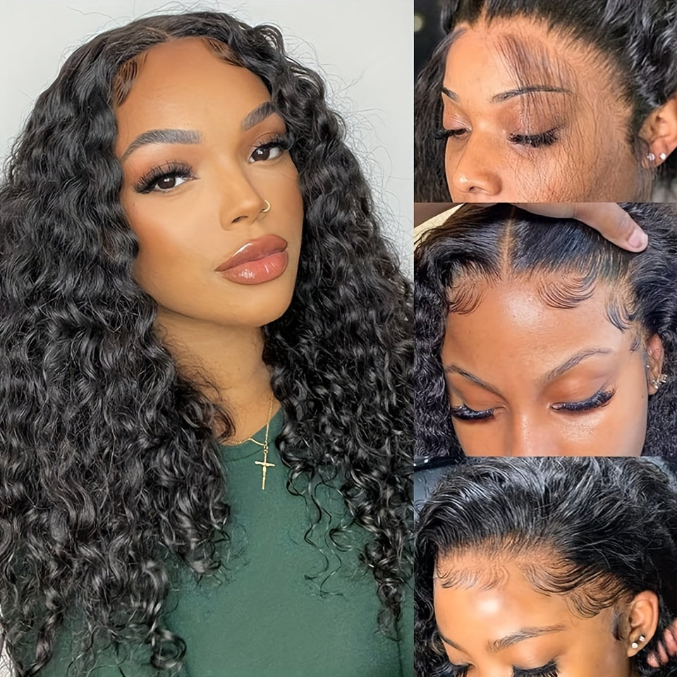 [HD Transparent] Brazilian Deep Wave Lace Front Wig | 4x4 Closure | 100% Human Hair | Pre Plucked | Natural Black Color | 180% Deep Curly