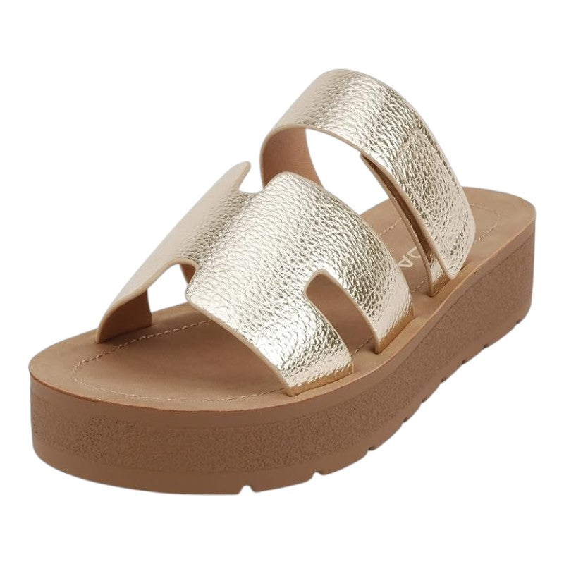 Women Open Round Toe Double Strap Slide On Sandal