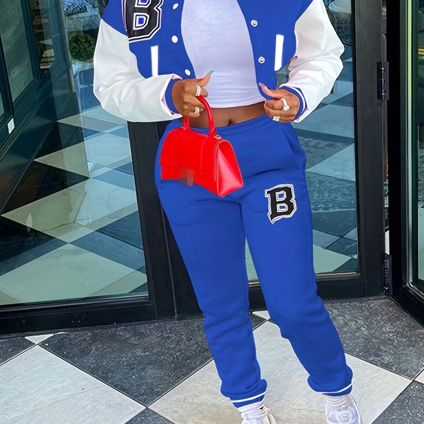 Sporty Chic, Women's Casual Letter Print Baseball Jacket and Pants Set - Red and White, Polyester Blend, Machine Washable, Fall/Winter Fashion Ensemble