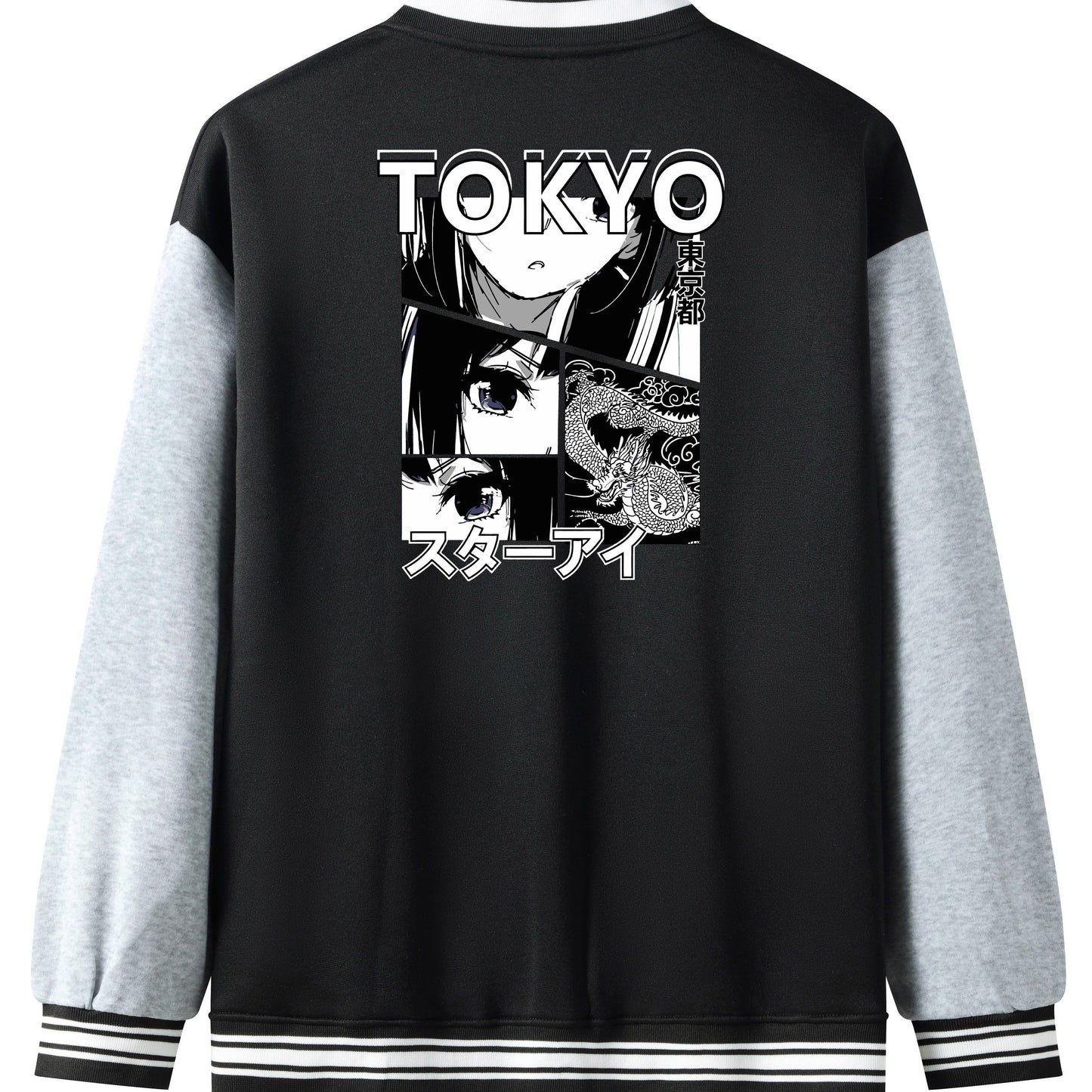 Men's Anime Portrait Embroidered Varsity Jacket - Casual Color Block Button Up for Spring and Fall Baseball and School