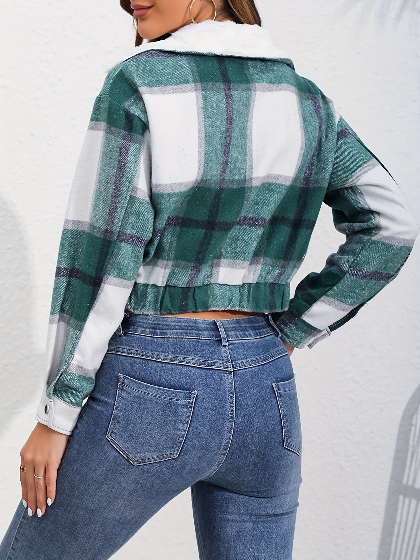 Button Plaid Faux Fur Collar Jacket, Casual Long Sleeve Crop Jacket For Fall & Winter, Women's Clothing