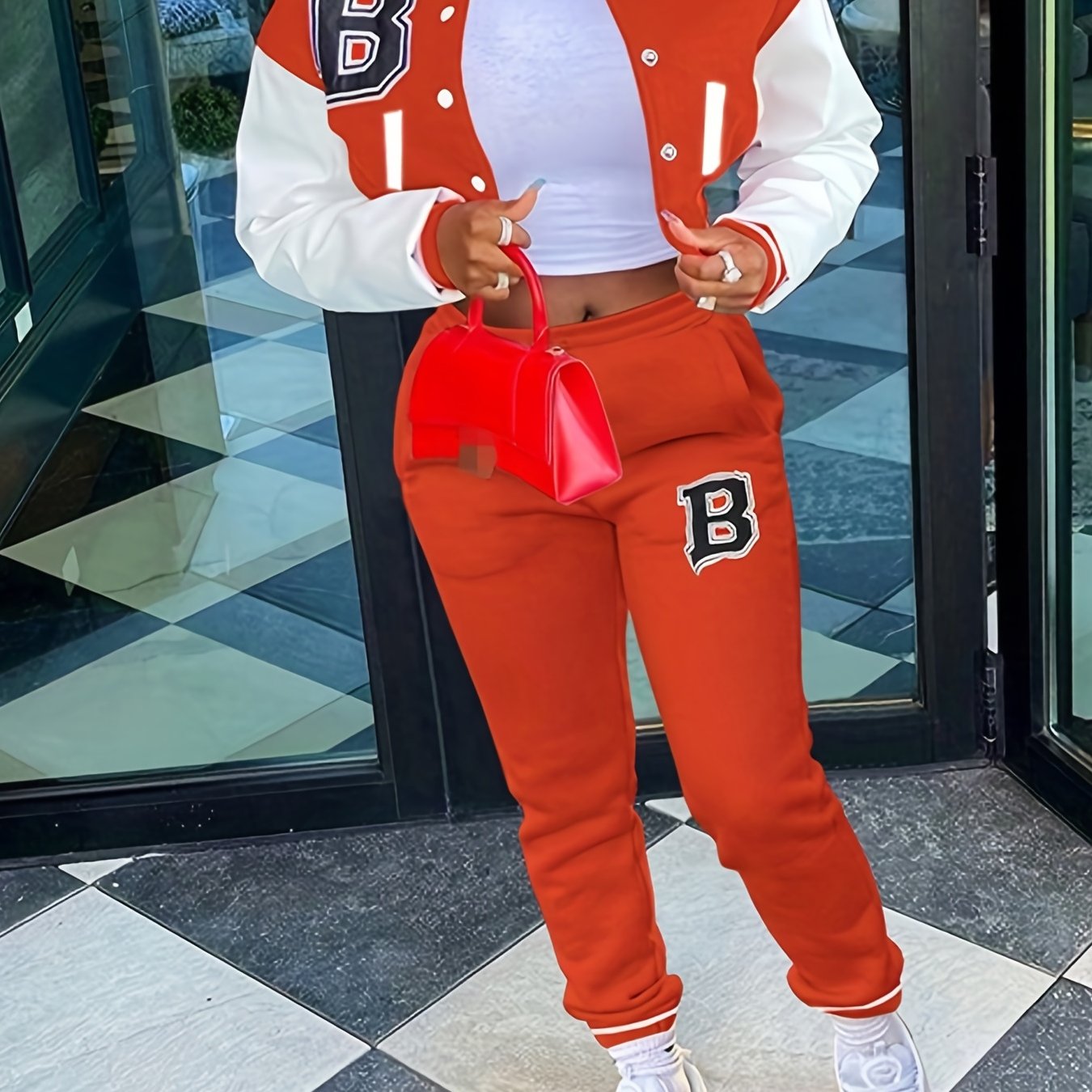 Sporty Chic, Women's Casual Letter Print Baseball Jacket and Pants Set - Red and White, Polyester Blend, Machine Washable, Fall/Winter Fashion Ensemble