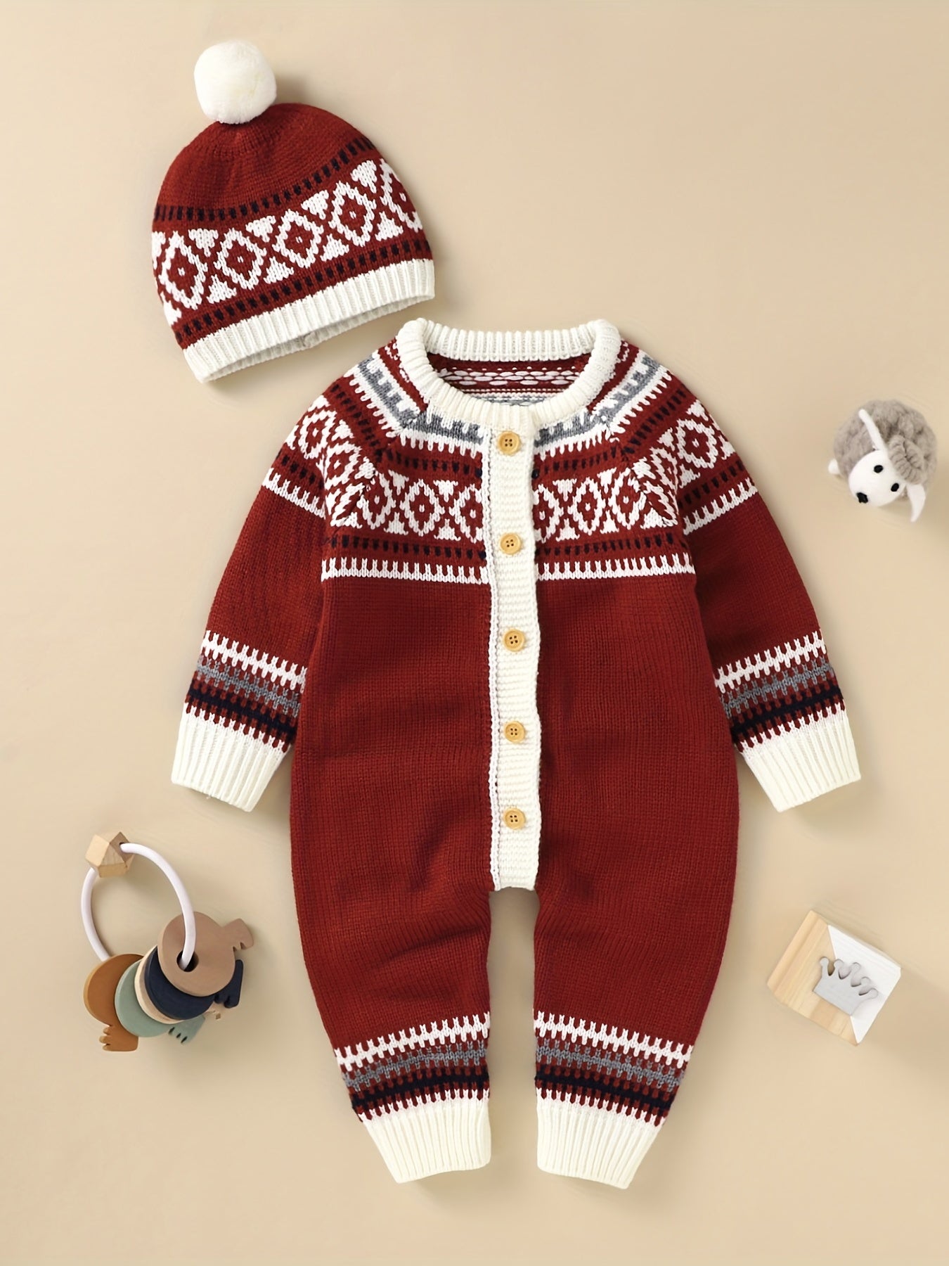Newborn Infant Geometric Pattern Sweater Romper Long Sleeve Button Jumpsuit & Hat For Toddler Baby Boys And Girls, Suitable For Indoor And Outdoor Wear