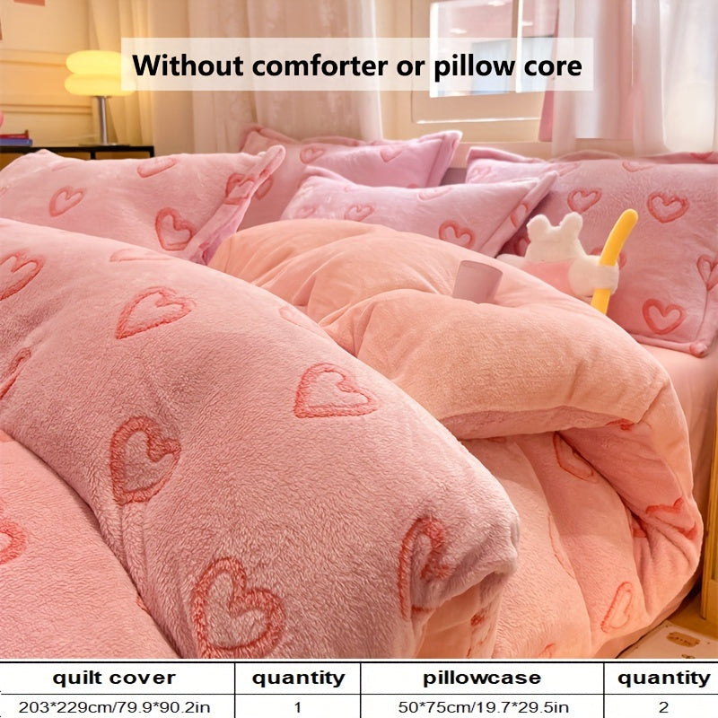 3pcs autumn and winter thickened double-sided warm velvet love, butterfly, bow, gravure pattern snowflake velvet kit, (1 quilt cover, 2 pillowcases, no bed sheet, quilt and pillow), bedding, very suitable for bedroom and dorm