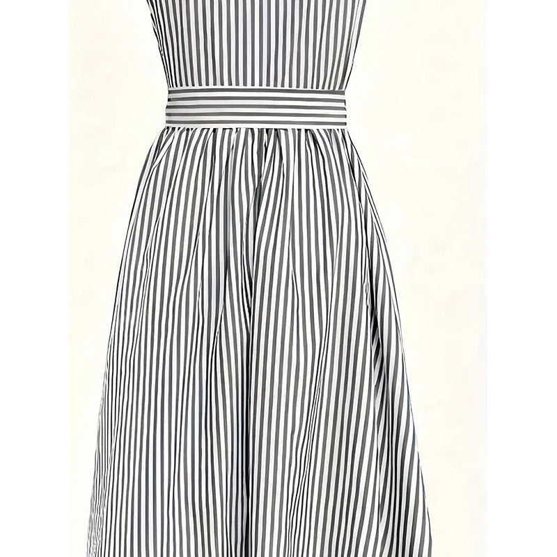 Women's Summer One Shoulder Striped Midi Dress Elegant Tie Waist Bodycon Dresses With Pockets