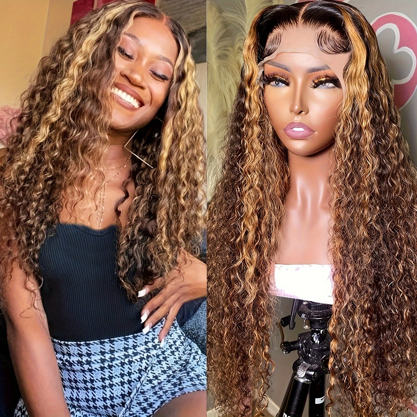 Highlight Ombre 13x4 Lace Front Wig Human Hair Pre Plucked HD Transparent 4/27 Honey Blonde Lace Frontal Wigs With Baby Hair 200% Density Colored Water Wave Lace Front Wig Human Hair For Women
