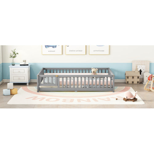 Full Size Bed Floor Bed With Safety Guardrails And Door For Kids, Gray