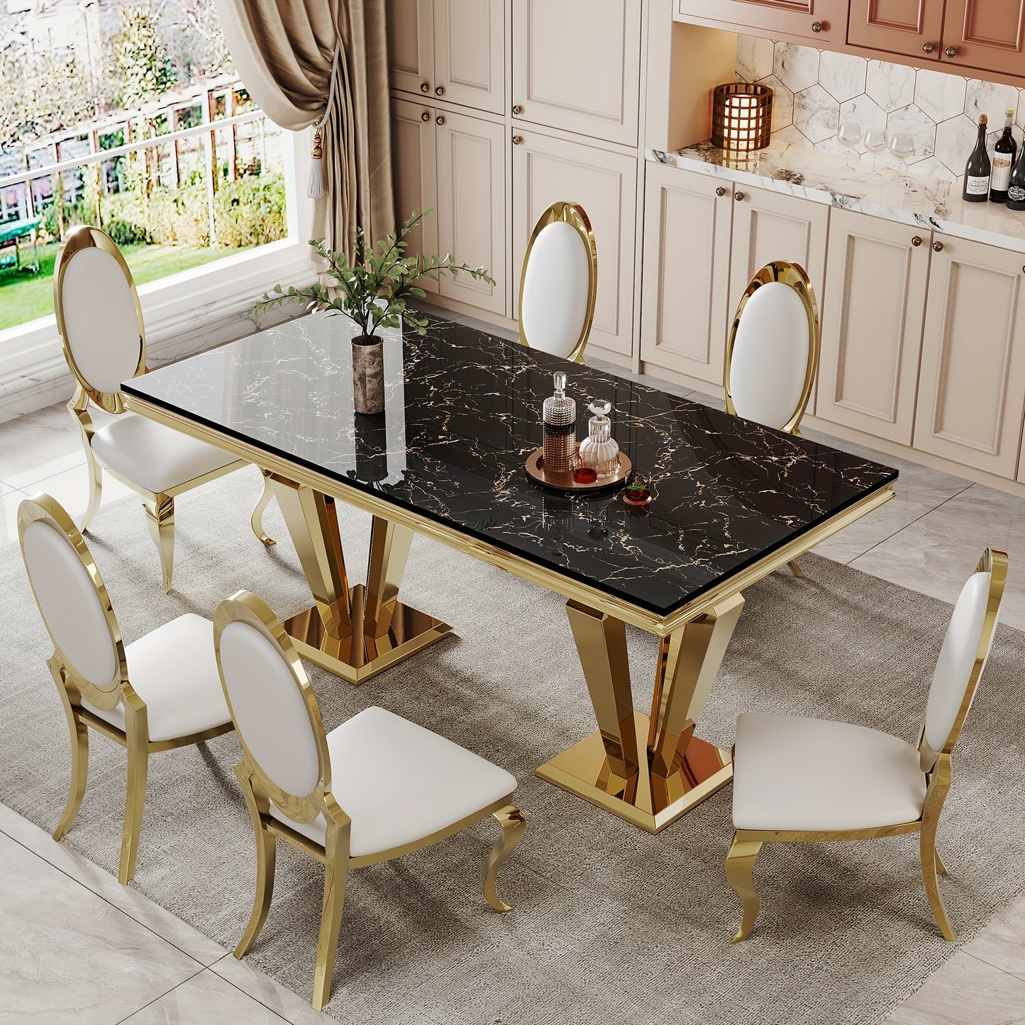 7-piece Luxury Dining Table And Chair Set. One 70-inch Cultured Marble Table With 6 Leather Chairs | Perfect For Kitchens, Home Dining Rooms And Hotel Restaurants