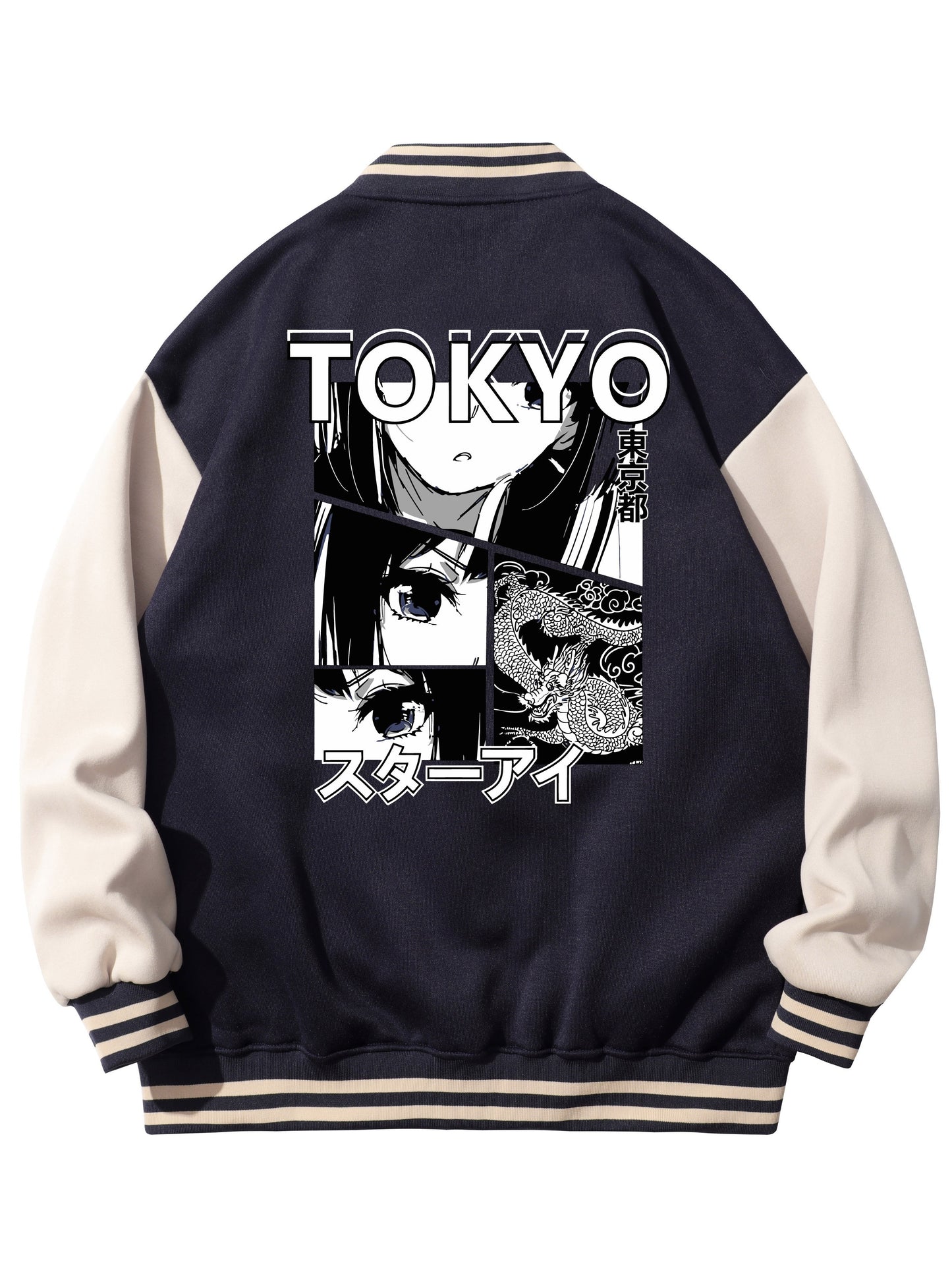 Men's Anime Portrait Embroidered Varsity Jacket - Casual Color Block Button Up for Spring and Fall Baseball and School
