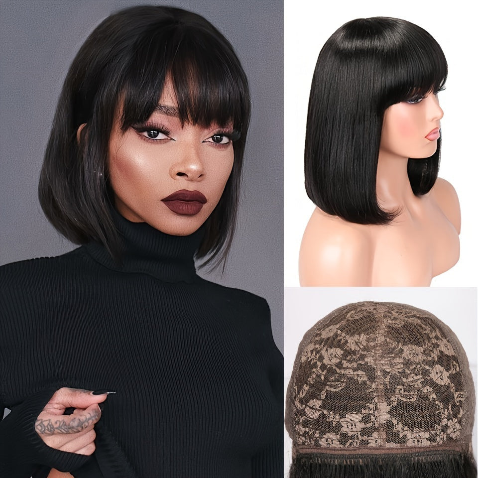 [180% Full Human Hair Bob Wig] Straight Short Bob Wig With Bangs 100% Human Hair Full Machine Made Bob Wigs Glueless Straight Wigs For Women 180%