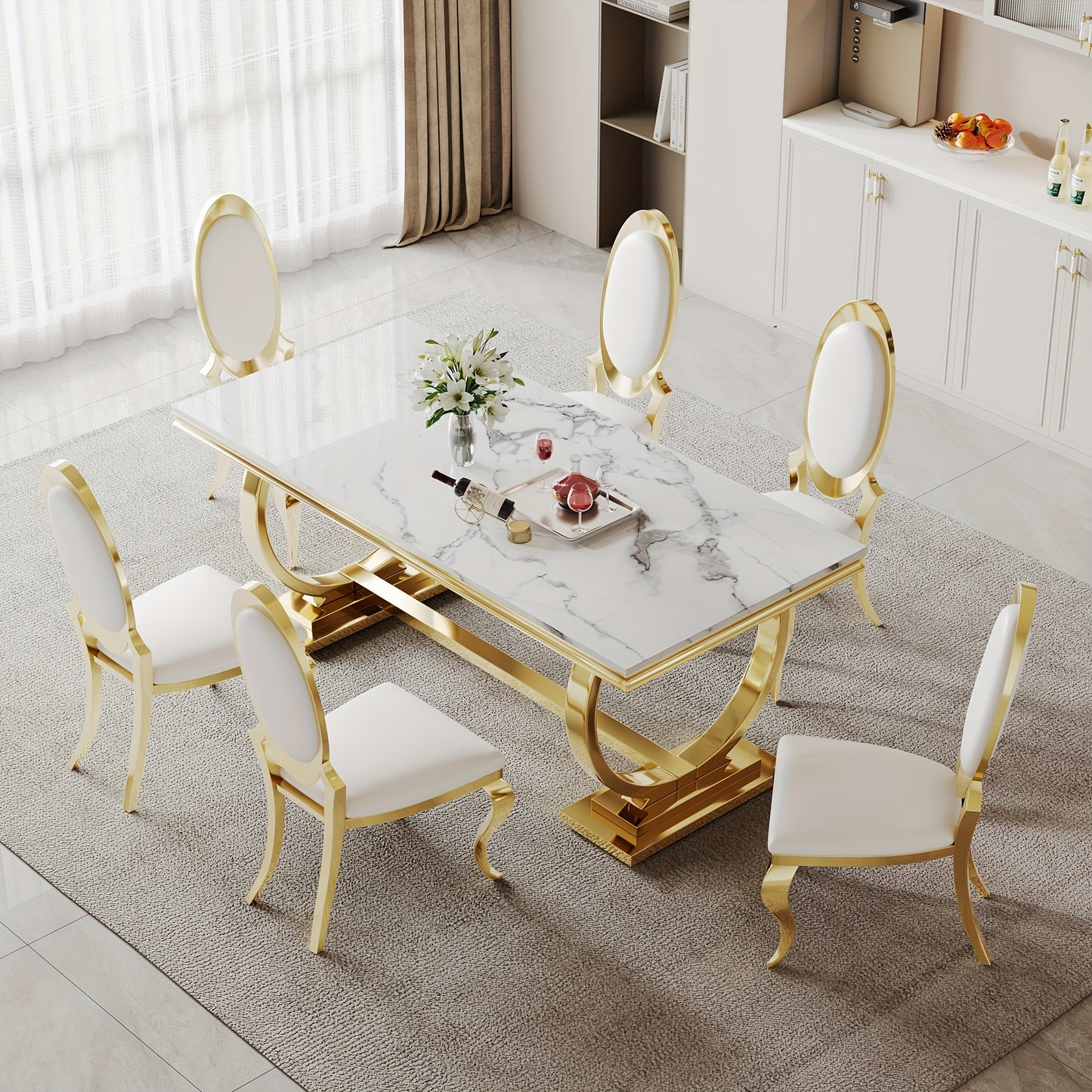 7-piece Luxury Dining Table And Chair Set, 70-inch Faux Marble Table With 6 Leather Chairs | Modern Dining Table Set For Kitchen, Restaurant And Hotel