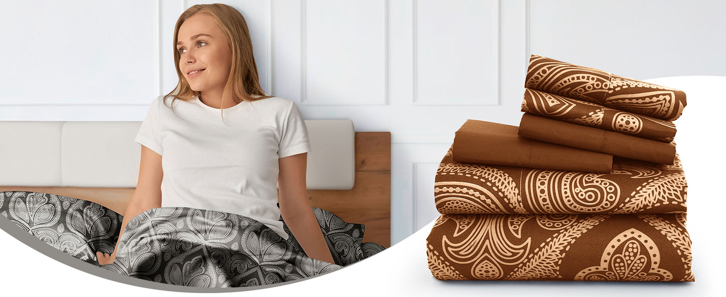 Lux Decor 6 Pieces Paisley Bed Sheet, Breathable Hotel Style Sheets, Microfiber Sheets Deep Pockets, Easy-Fit, Soft & Wrinkle Free Oeko-Tex Cooling Bed Sheets